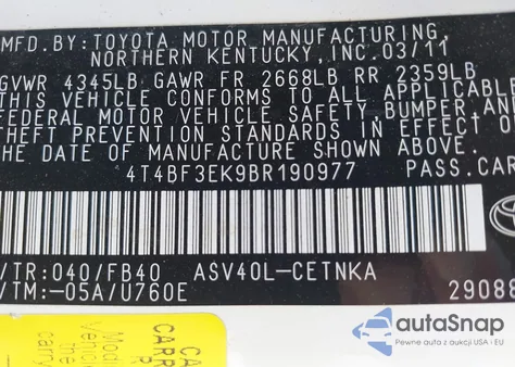 2011 Toyota Camry Le z USA, uszkodzony, nr VIN 4T4BF3EK9BR190977